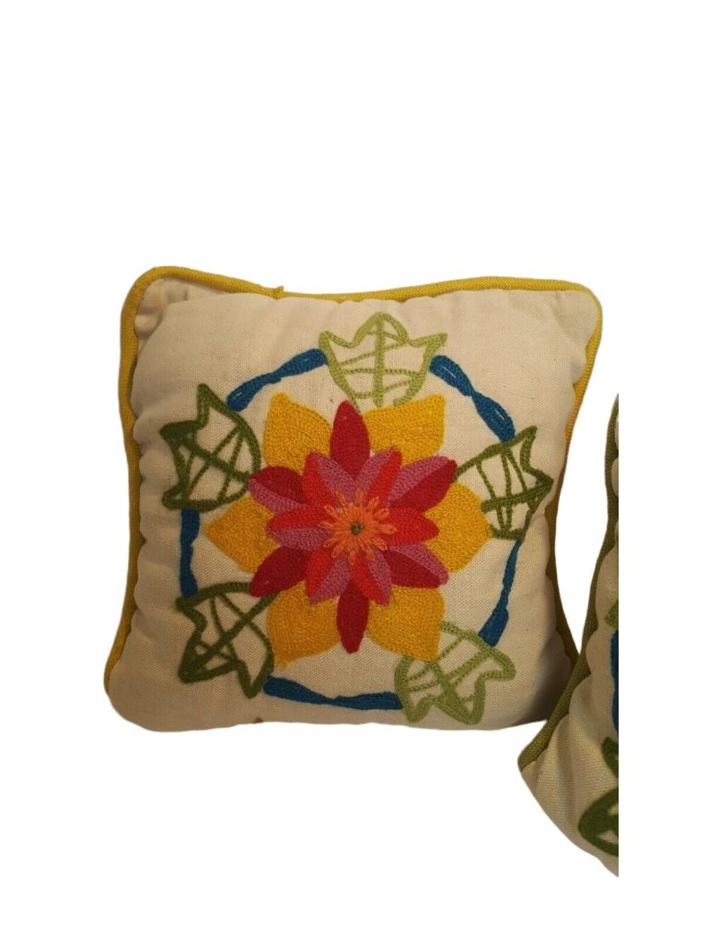 2 Vintage 70s Crewel Embroidered Throw Pillows Floral Avocado Green Harvest Gold